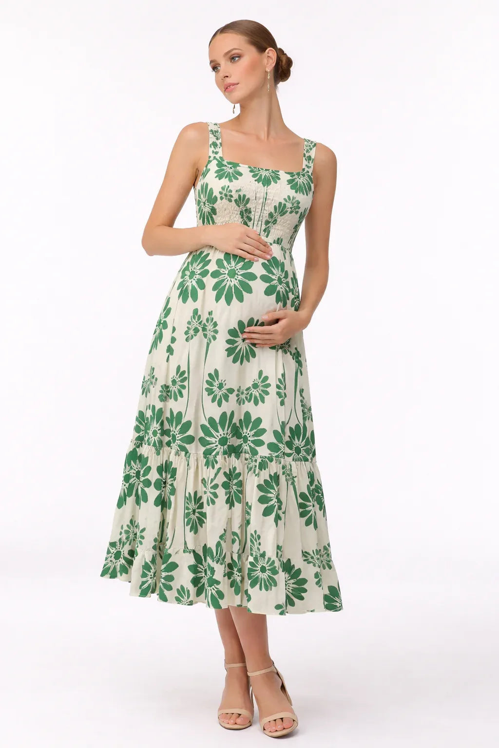 green floral maternity dress for Women Detachable Long Sleeves Blue gy-lite neckline and long sleeves Size:50 Unhemmed