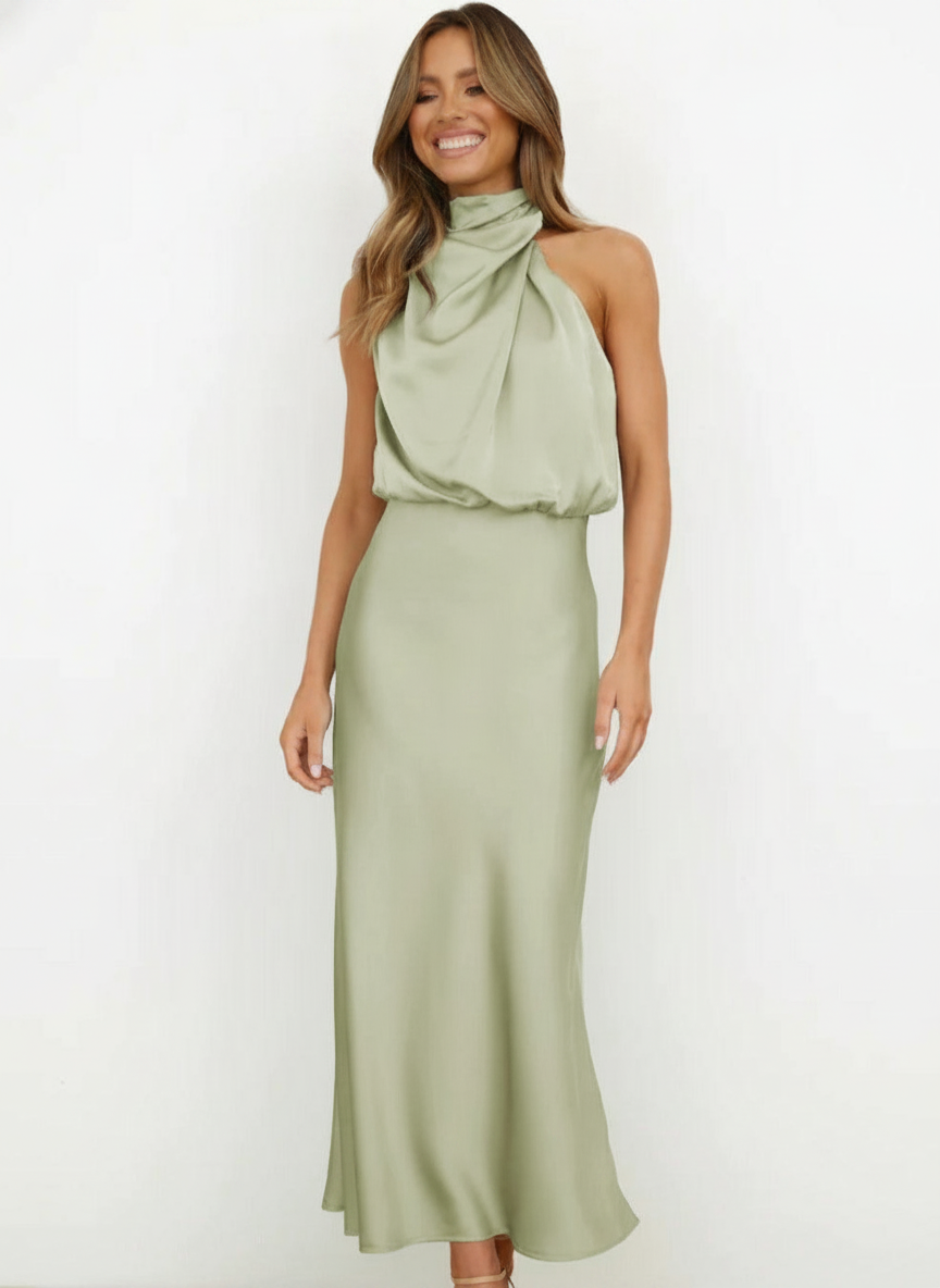 halter top wedding guest dress Helene Rhié | Crinkle Silk Explore our complete collection Collection VII-SMC Color:Fog