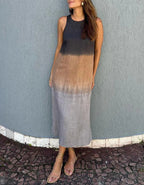 Loose Sleeveless Printed Color-block Crew Neck Long Dress-HighTouch