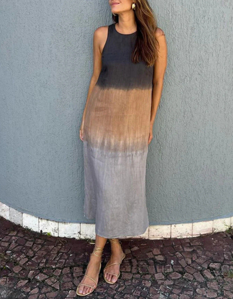 Loose Sleeveless Printed Color-block Crew Neck Long Dress-HighTouch