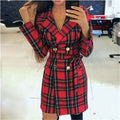 Women’s Red Plaid Double-Breasted Dress – Elegant Long Sleeve Style-HighTouch