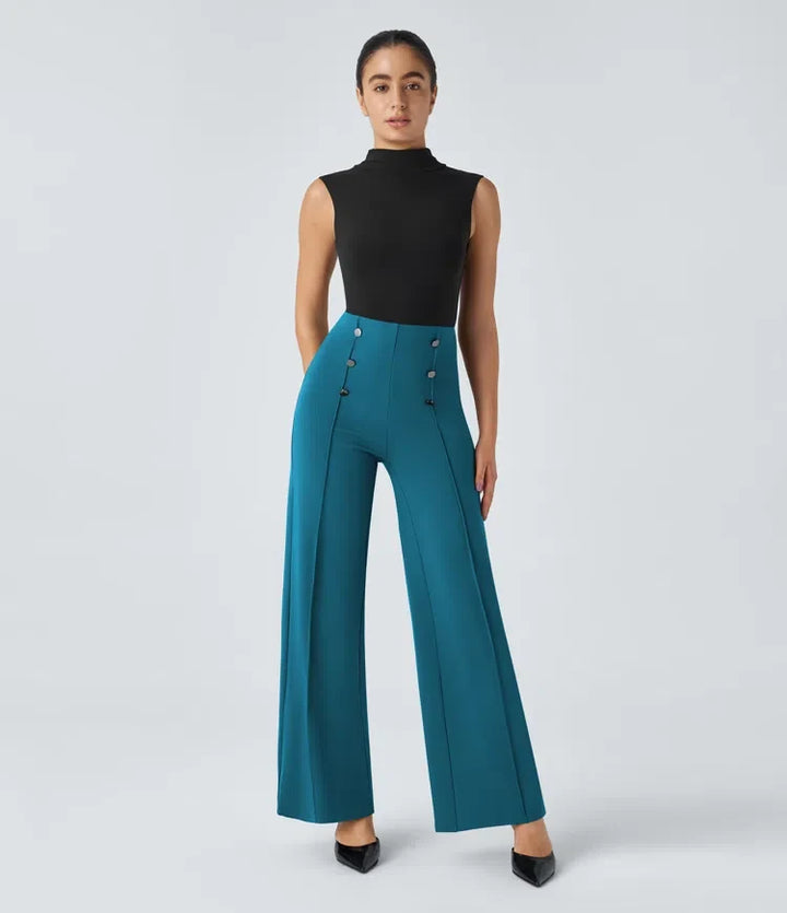 Wide Leg Work Pants Women High Waisted Button Pocket Trousers