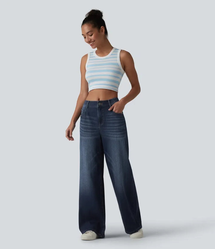 Baggy Wide Leg Jeans Women Mid Rise Washed Denim