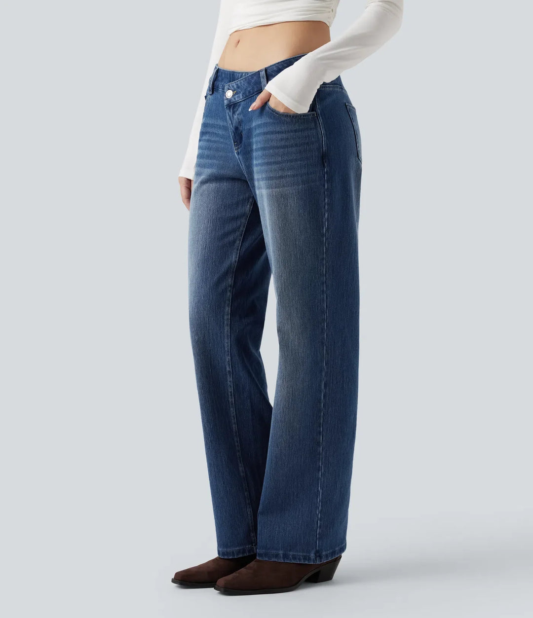 Straight Leg Jeans Women Low Rise Asymmetric Stretch Denim