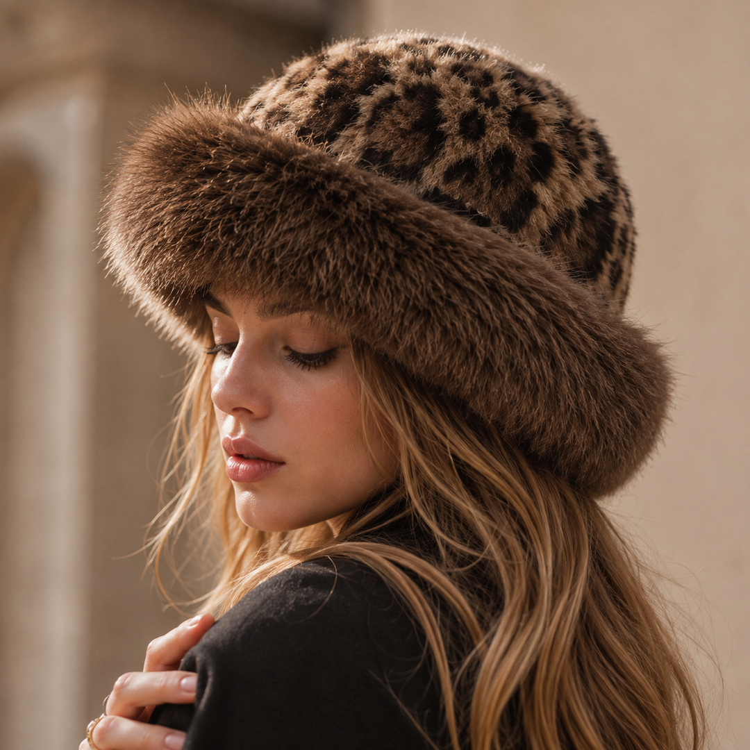 Women's Leopard Faux Fur Bucket Hat Winter Warm Cap