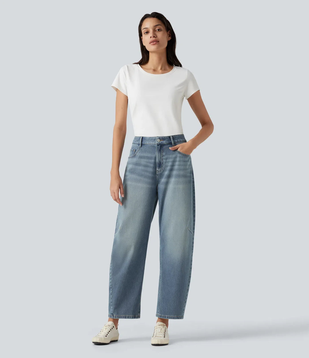 Barrel Leg Jeans Women High Rise Tapered Stretch Denim