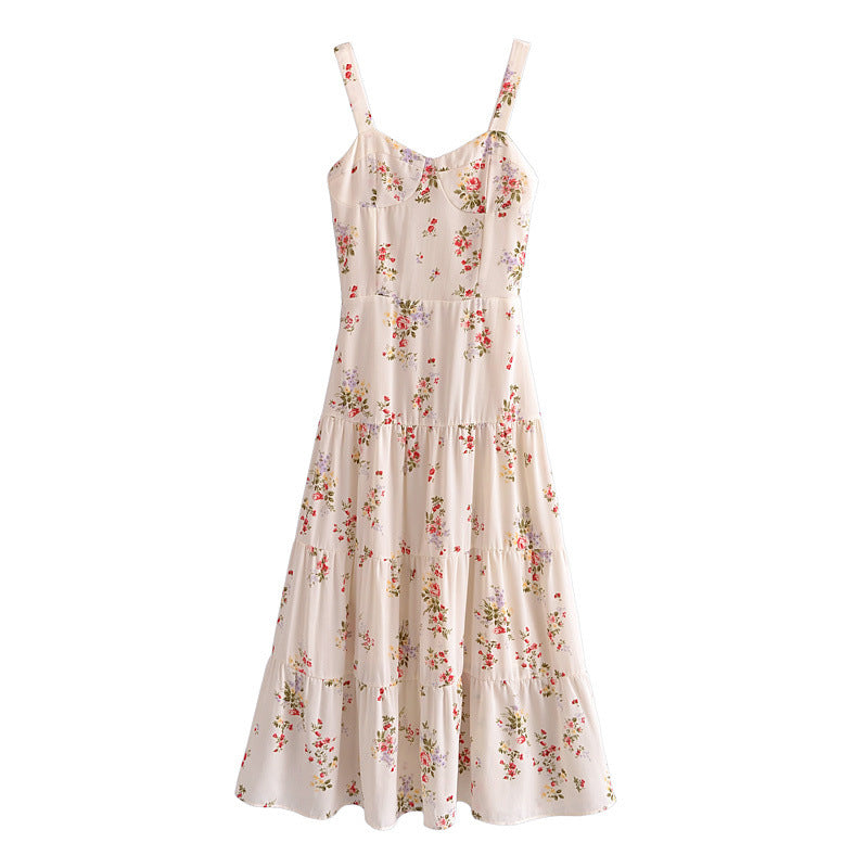 Women's French Style Vintage Small Floral Printed High Waist Slim Fit Slimming Suspenders Dress-HighTouch