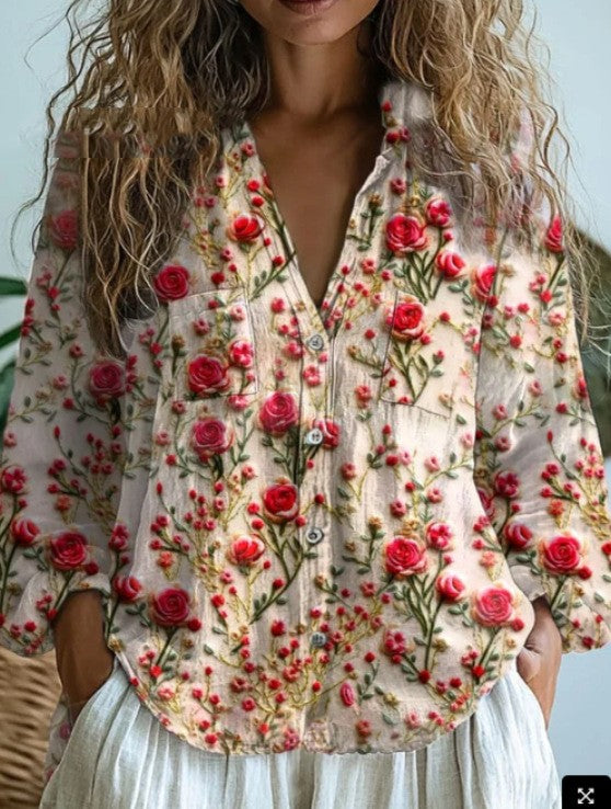 Women’s Blouse | Printed V-Neck Long Sleeve-HighTouch