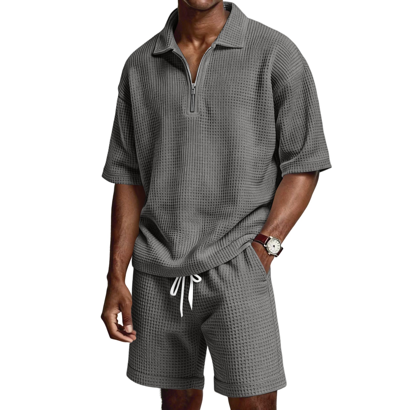 Men's Zip-Up Short-Sleeve Shorts Set-HighTouch