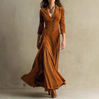 Solid Color Buttons Lapel 34 Sleeve Maxi Dress Waist Expansion Skirt-HighTouch