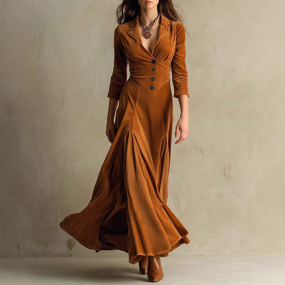 Solid Color Buttons Lapel 34 Sleeve Maxi Dress Waist Expansion Skirt-HighTouch
