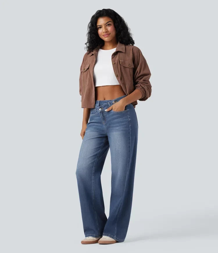 Baggy Jeans Women High Waisted Asymmetric Washed Denim
