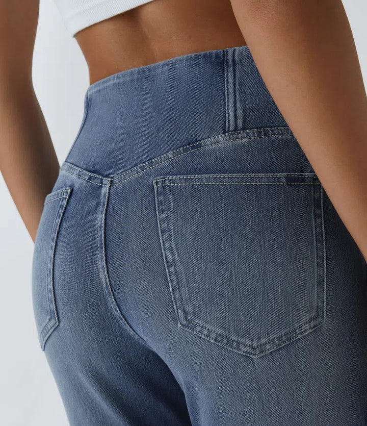 Flare Jeans Women High Waisted Crossover Washed Denim