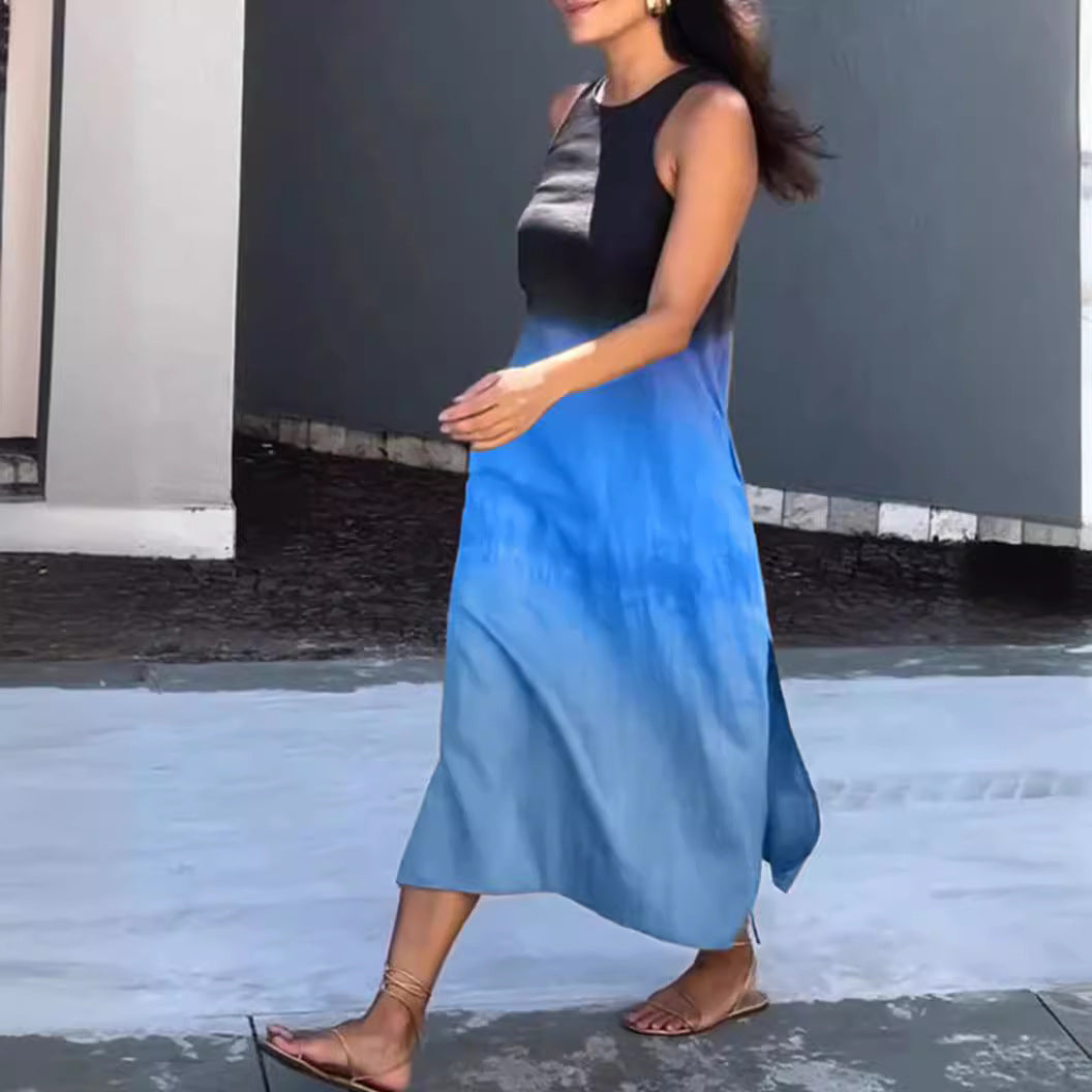 Loose Sleeveless Printed Color-block Crew Neck Long Dress-HighTouch