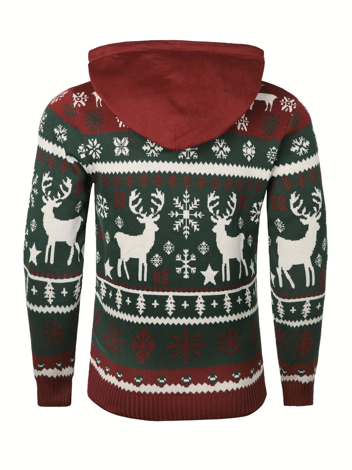 Women's Hooded Christmas Sweater with Reindeer and Snowflake Pattern