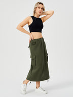 Women's Denim Cargo Midi Skirt – High Waisted Y2K Style with Pockets-HighTouch