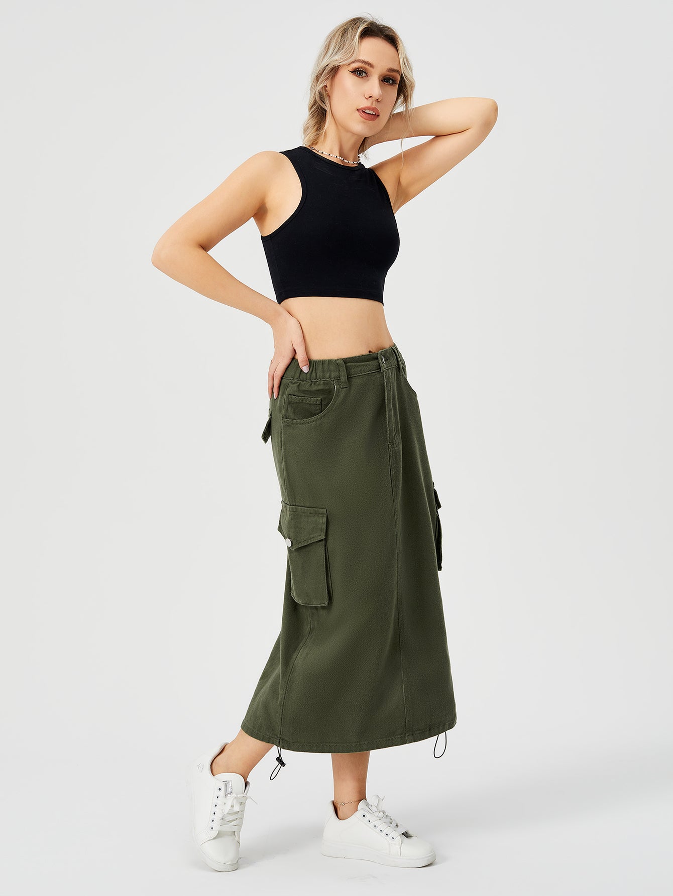 Women's Denim Cargo Midi Skirt – High Waisted Y2K Style with Pockets-HighTouch