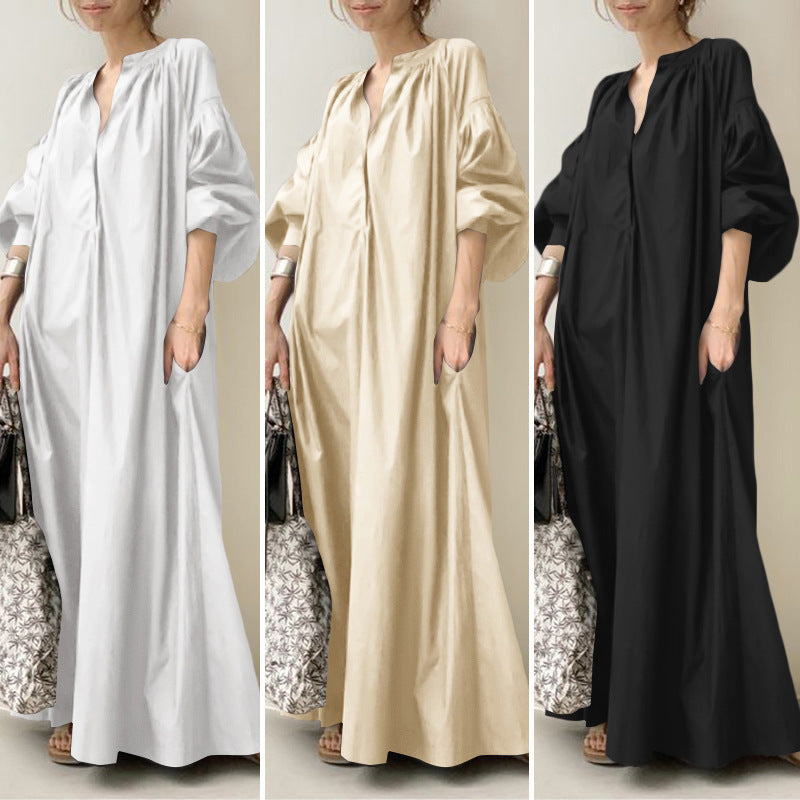Women's V-Neck Long Maxi Dress – Soft Cotton-Blend Casual Dress-HighTouch