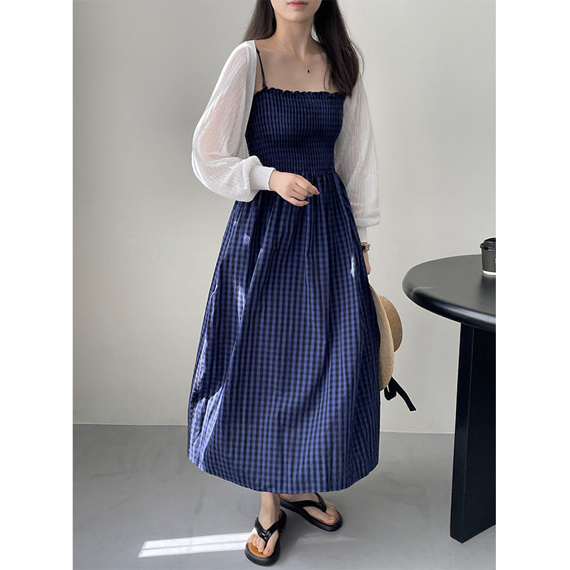 Korean Style Blue Lattice Print – Polyester Fibre Fashion Piece-HighTouch