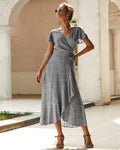 Retro Cotton Floral Dress with Lace-Up | V-Neck Irregular Midi-HighTouch