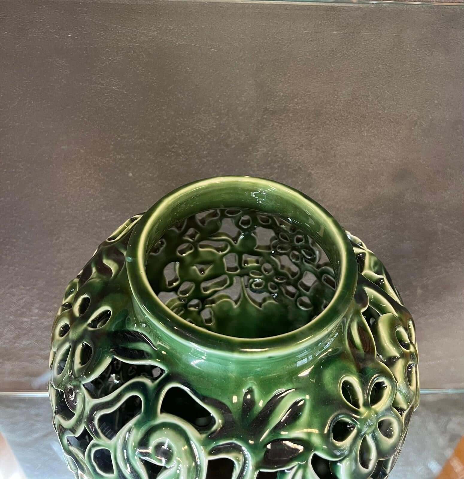 Glazed Green Flower Craved Vase - HighTouch 