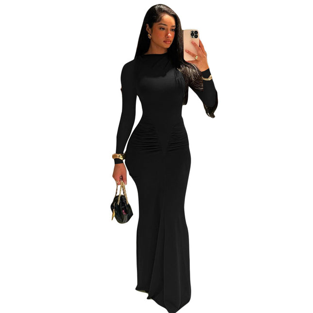 Long Sleeve Pleated High Waist Slim Fit Dress UK
