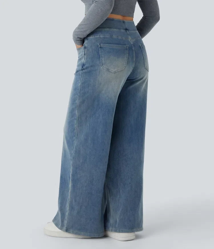 Plus Size Jeans Women High Waisted Baggy Wide Leg Washed