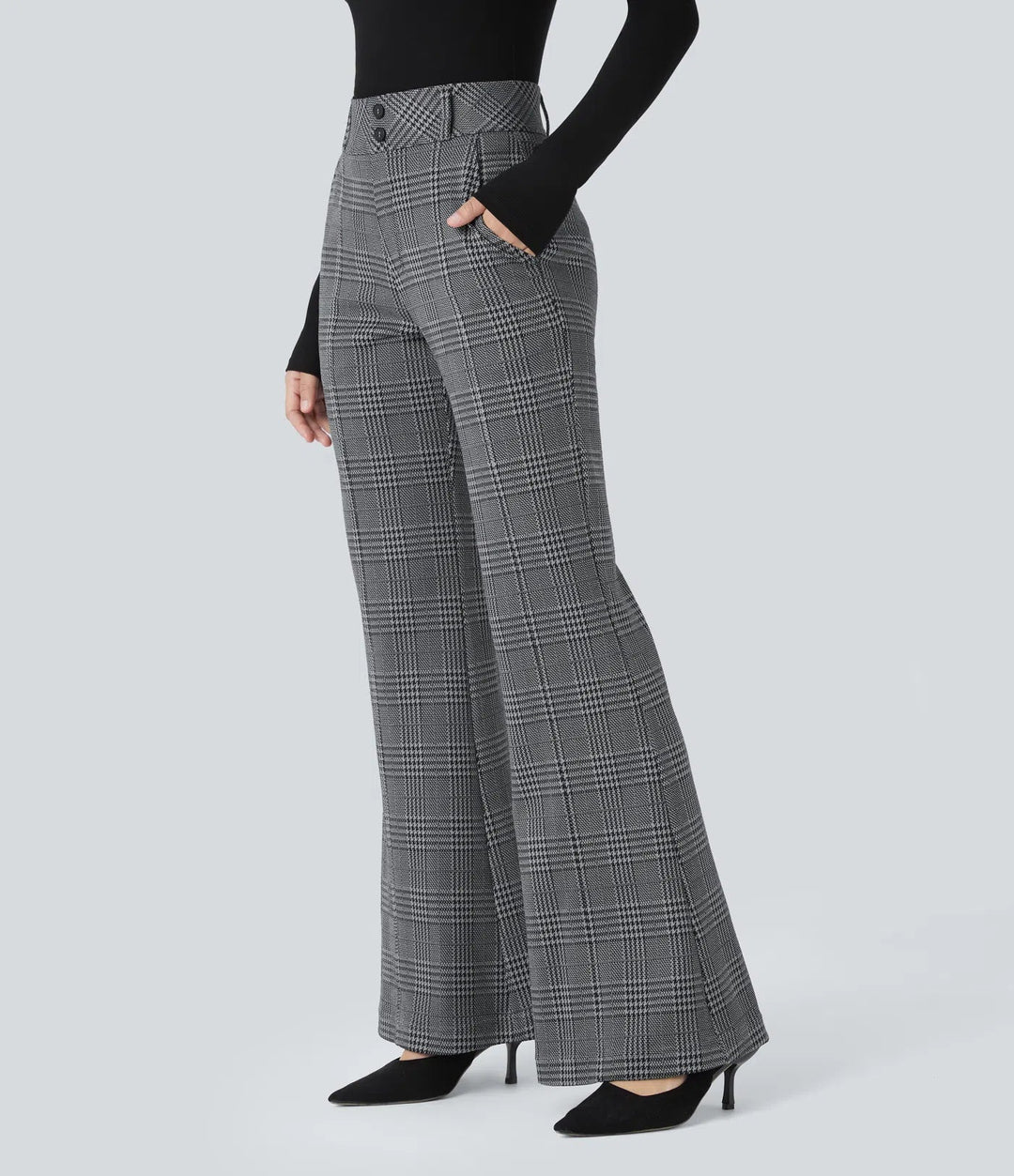 Houndstooth Plaid Flare Pants Women High Waisted Work Trousers
