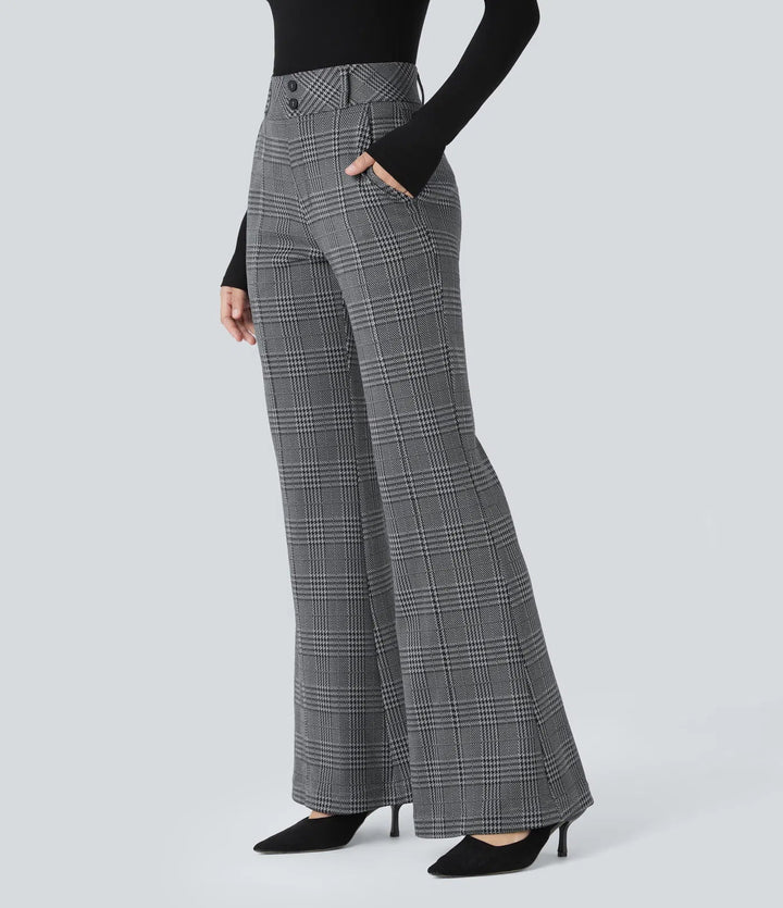 Houndstooth Plaid Flare Pants Women High Waisted Work Trousers