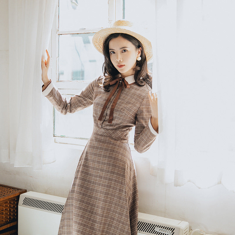 Women's Literary Retro Temperament Plaid Dress-HighTouch