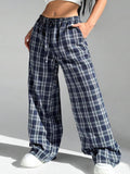 Women's Casual All-match Loose Drawstring Plaid Pocket Trousers-HighTouch