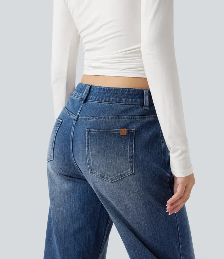Straight Leg Jeans Women Low Rise Asymmetric Stretch Denim