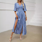V-neck Lantern Sleeve Waist-tight Dress Seaside Vacation Bohemian Style-HighTouch
