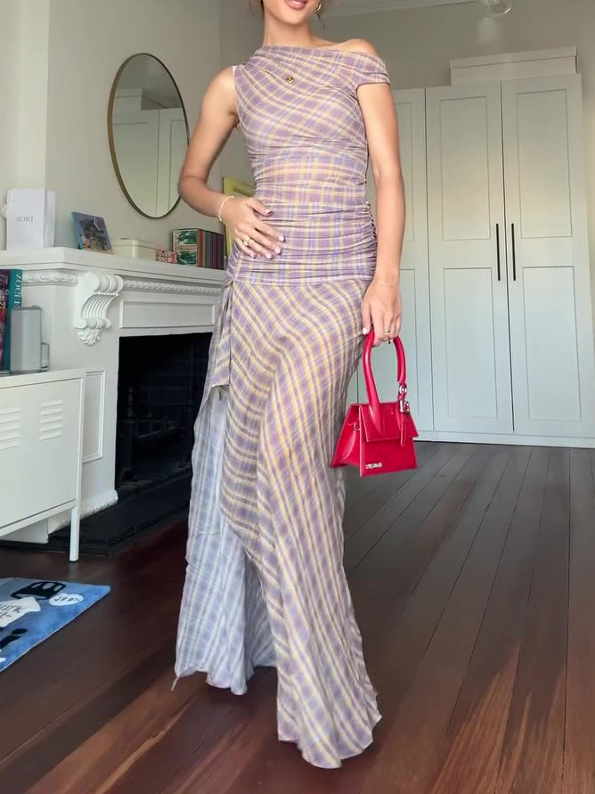 Women's Elegant Plaid Maxi Dress – Regular Fit Polyester Long Dress for Daily-HighTouch