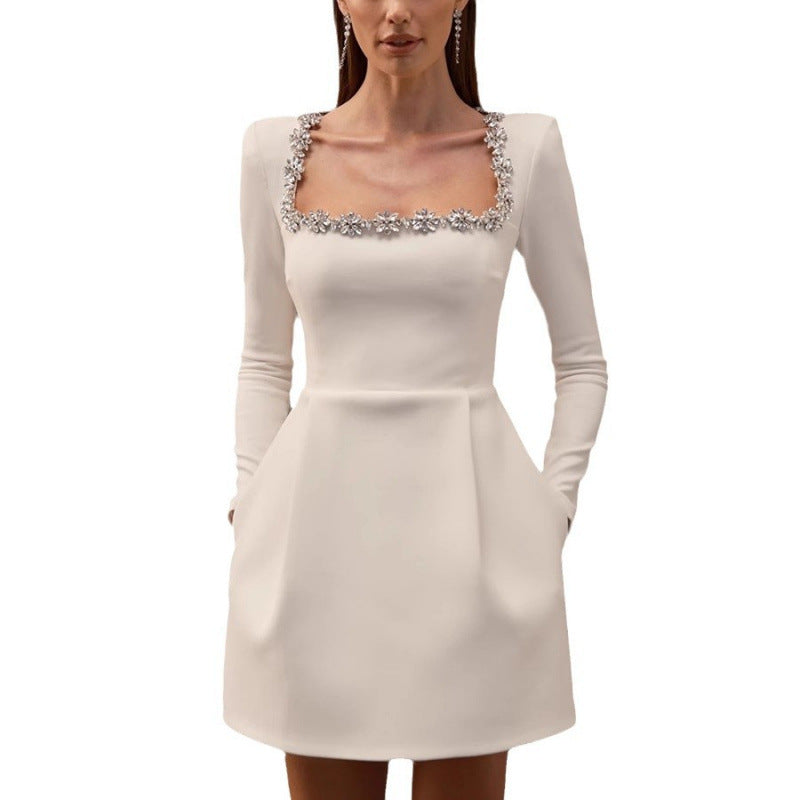 Chic Tweed Mini Dress for Parties – Long Sleeve Square Neck Style-HighTouch