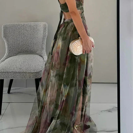 Faye™ | Elegant Printed Lace-Up Maxi Dress