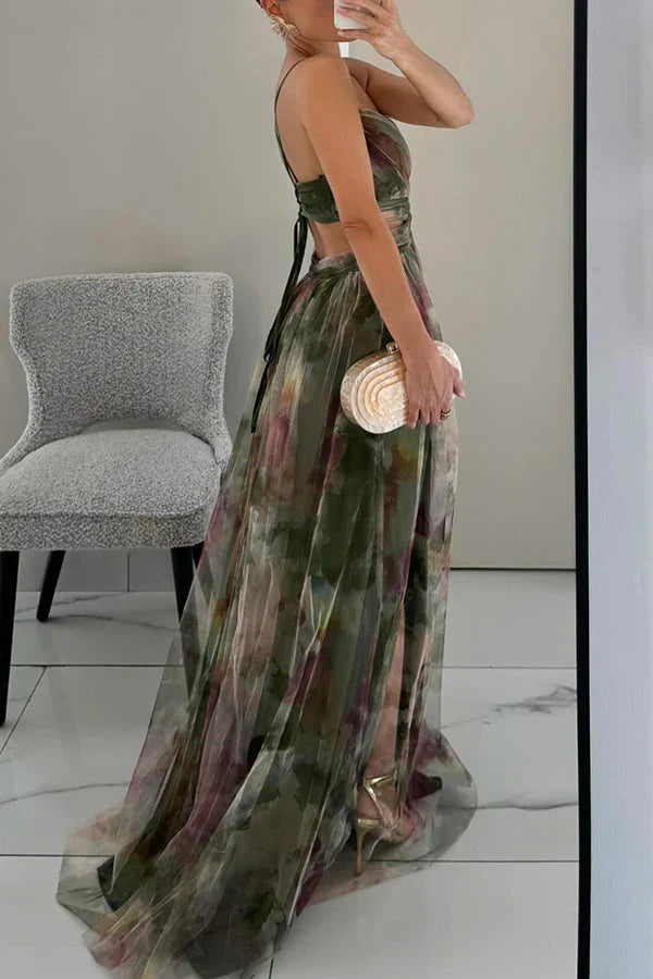 Faye | Elegant Printed Lace-Up Maxi Dress-HighTouch