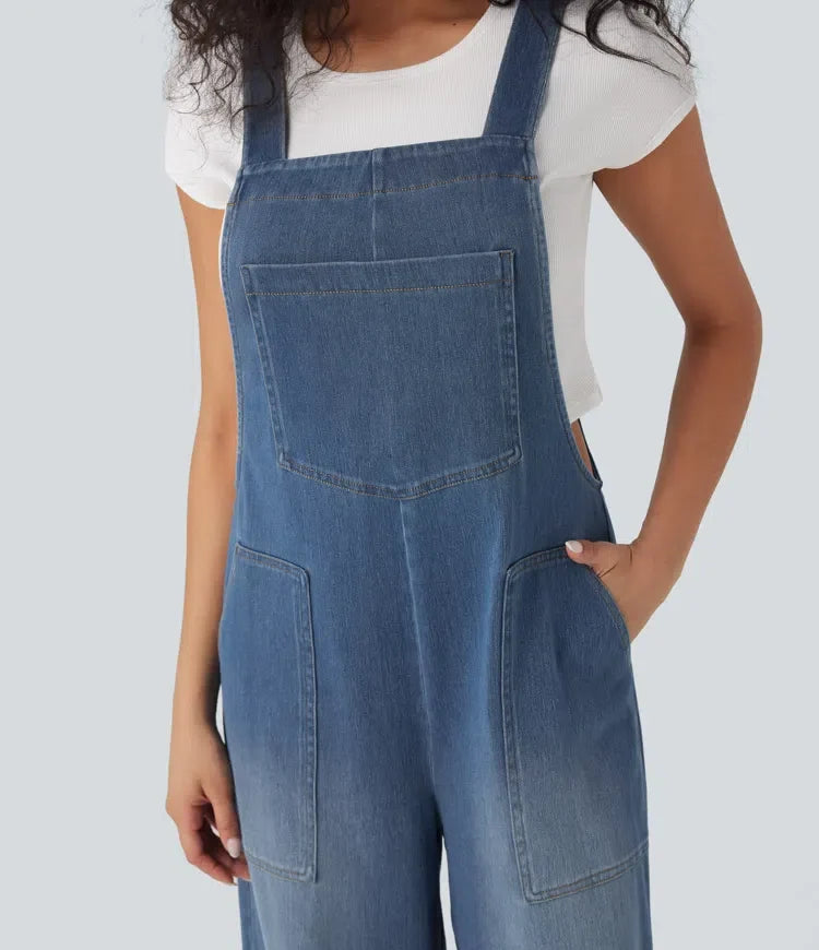 Denim Overalls Women Square Neck Washed Wide Leg Jumpsuit
