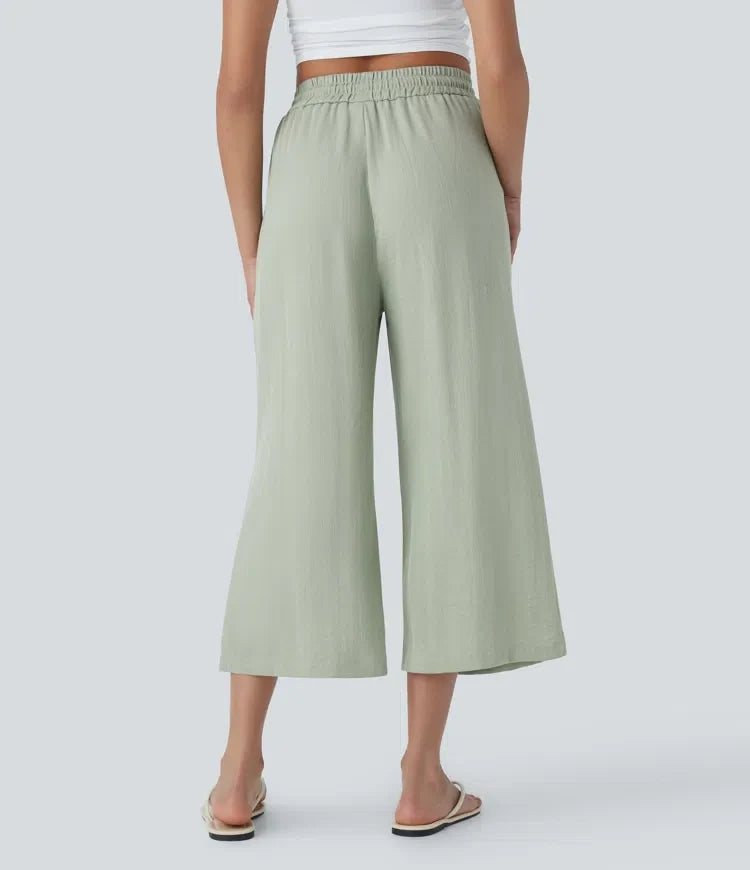 Wide Leg Pants Women High Waisted Drawstring Linen Feel