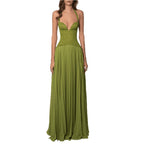 Womens Fashion Backless Halter-neck Low-cut Plunging Pleated Dress-HighTouch