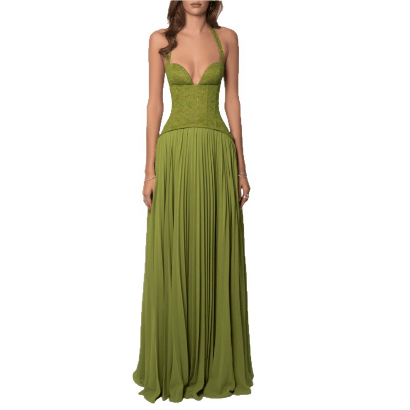 Womens Fashion Backless Halter-neck Low-cut Plunging Pleated Dress-HighTouch