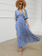 V-neck Lantern Sleeve Waist-tight Dress Seaside Vacation Bohemian Style-HighTouch