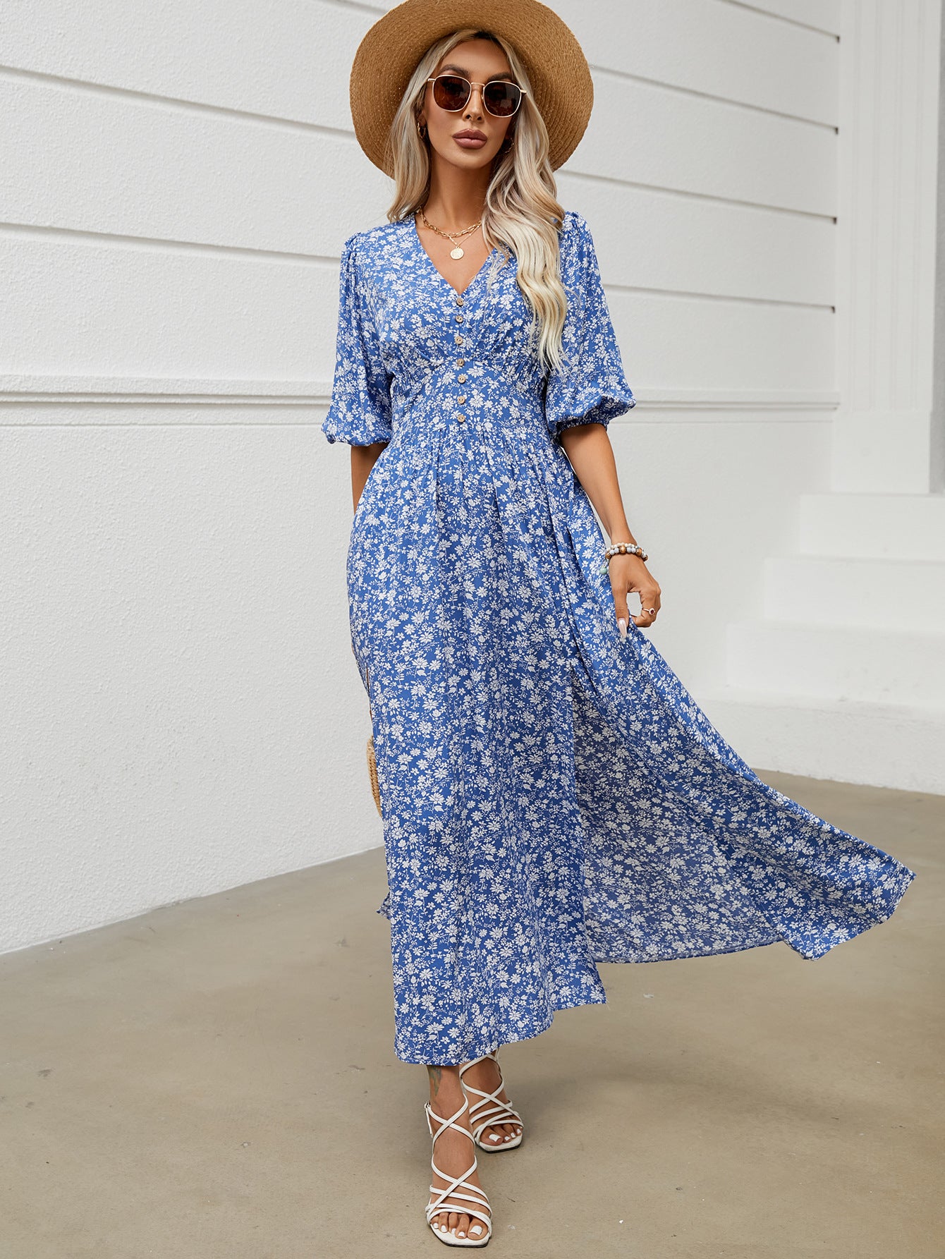 V-neck Lantern Sleeve Waist-tight Dress Seaside Vacation Bohemian Style-HighTouch