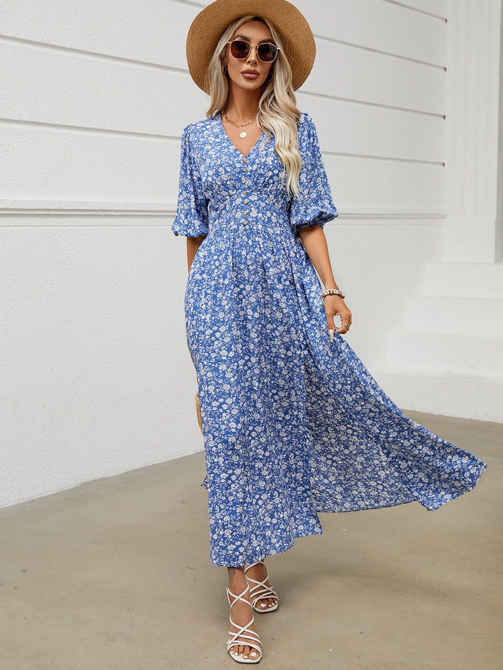V-neck Lantern Sleeve Waist-tight Dress Seaside Vacation Bohemian Style-HighTouch