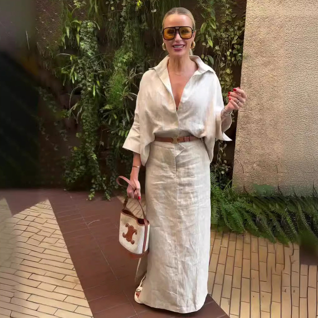 Casual Polo Collar Loose Top Maxi Skirt Suit-HighTouch
