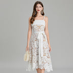 Crocheted Hollow Embroidery Stitching Lace-up Waist-controlled Slimming Dress-HighTouch