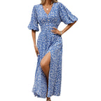 V-neck Lantern Sleeve Waist-tight Dress Seaside Vacation Bohemian Style-HighTouch