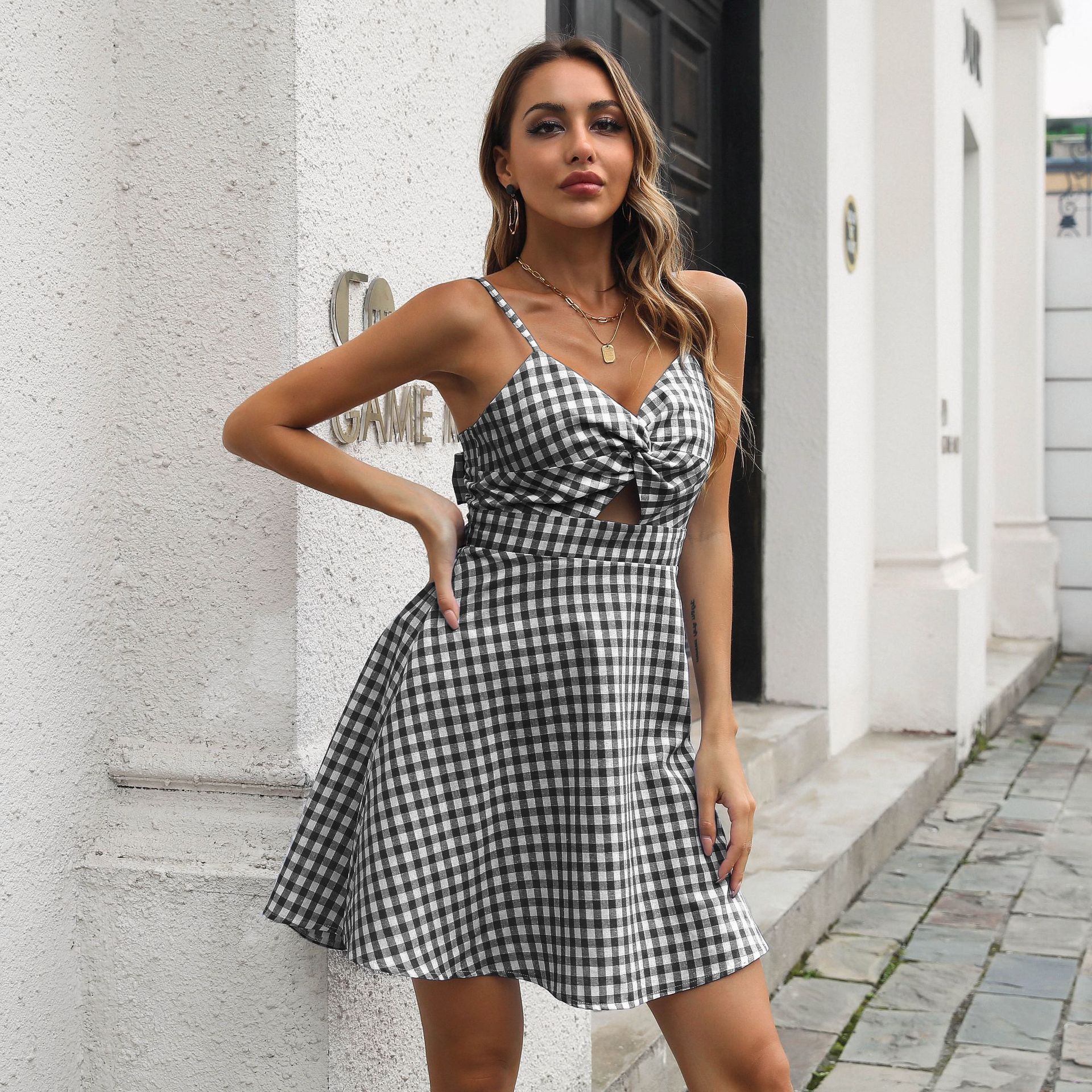 Women's High-Waist Plaid A-Line Dress – Casual Mini Skater Dress-HighTouch