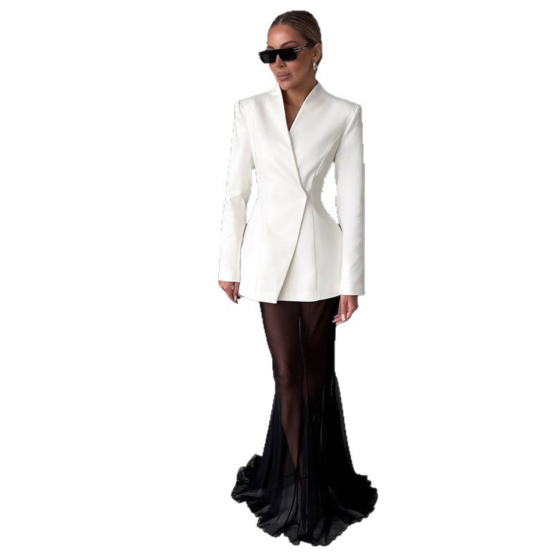 Cross-border Foreign Trade Design Sense Temperament Commute Pure Color Mesh Suit-HighTouch