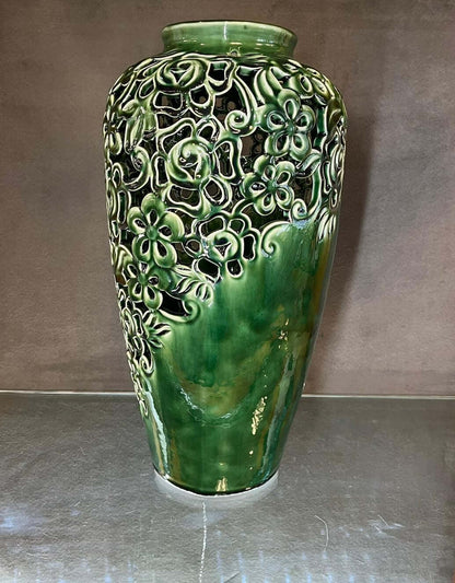 Glazed Green Flower Craved Vase - HighTouch 